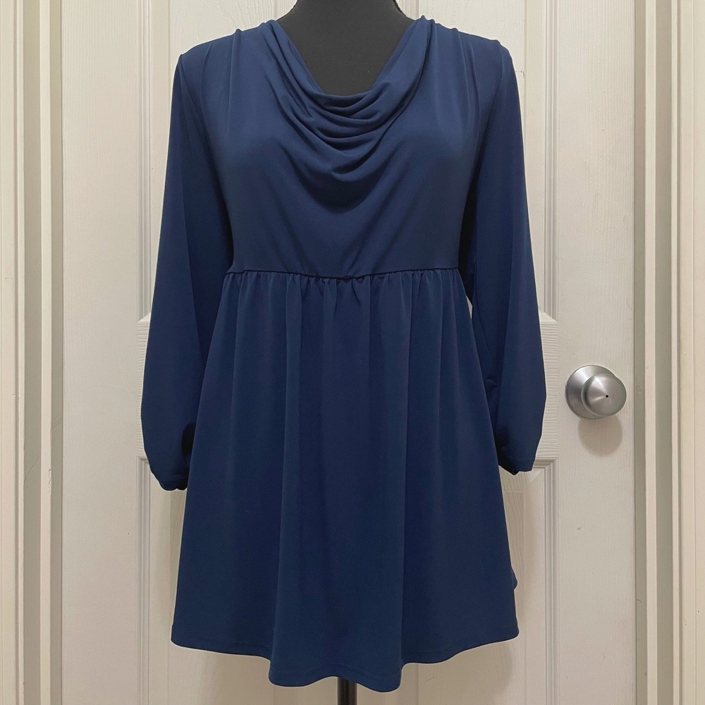 AB Studio Babydoll Top Cowl Neck Empire Waist Peplum Navy Blue XL 3/4 Sleeve USA